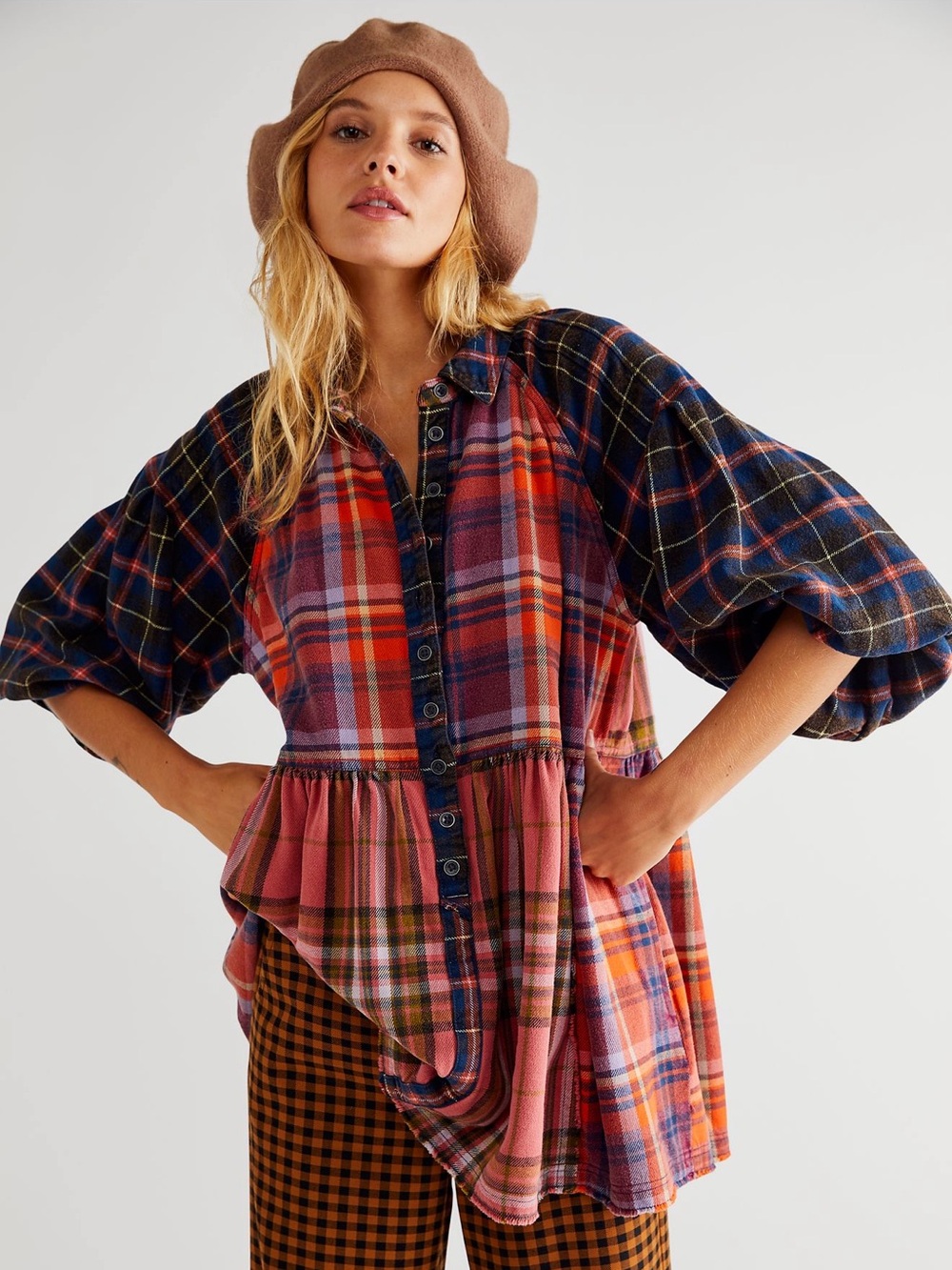 We the Free Moon Bay Mixed Plaid Top in Berry Combo